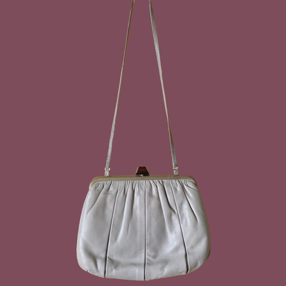 Vintage Jay herbert Grey Leather Pleated Purse with Bakelite Closure